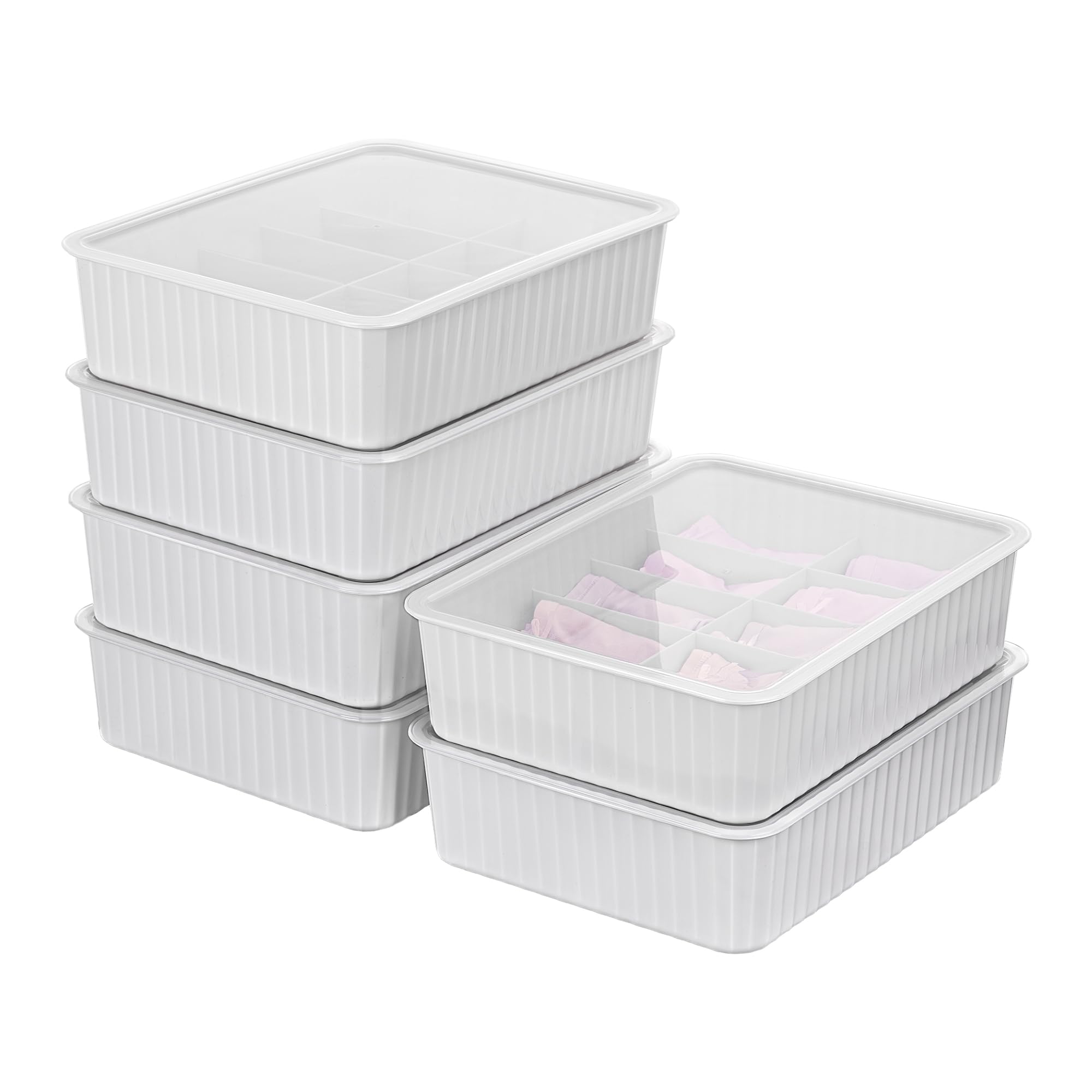 Cetomo 10 Cells Plastic Underwear Sock Drawer Organizer with Lid, Lidded Storage Box with Dividers for Bras and Socks, Basket for Closet, Stackable