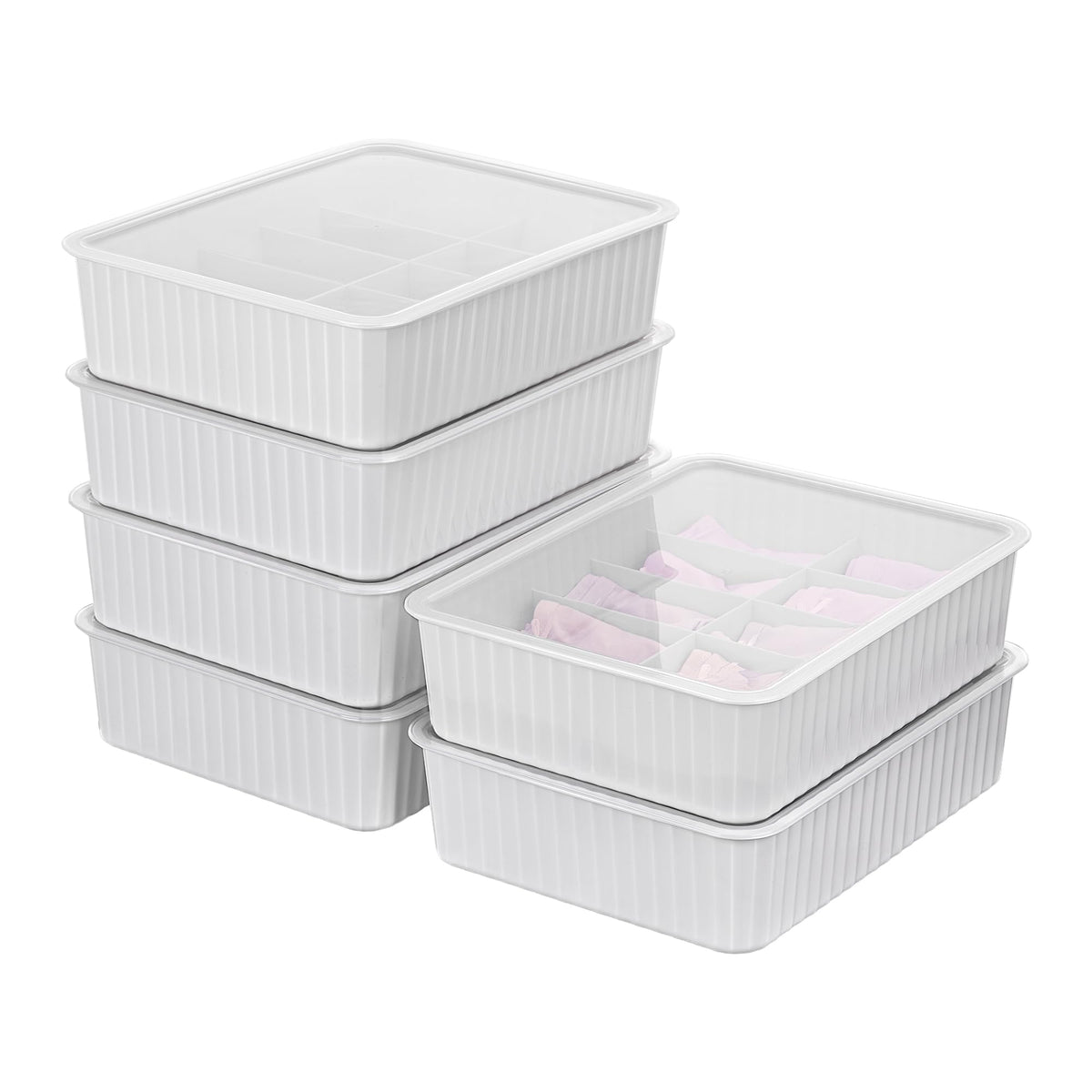 Cetomo 10 Cells Plastic Underwear Sock Drawer Organizer with Lid, Lidded Storage Box with Dividers for Bras and Socks, Basket for Closet, Stackable