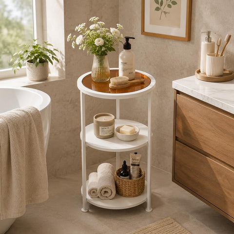ZEXVIDA 3-Tier Round Side Table with Amber Tempered Glass Top,White & Amber