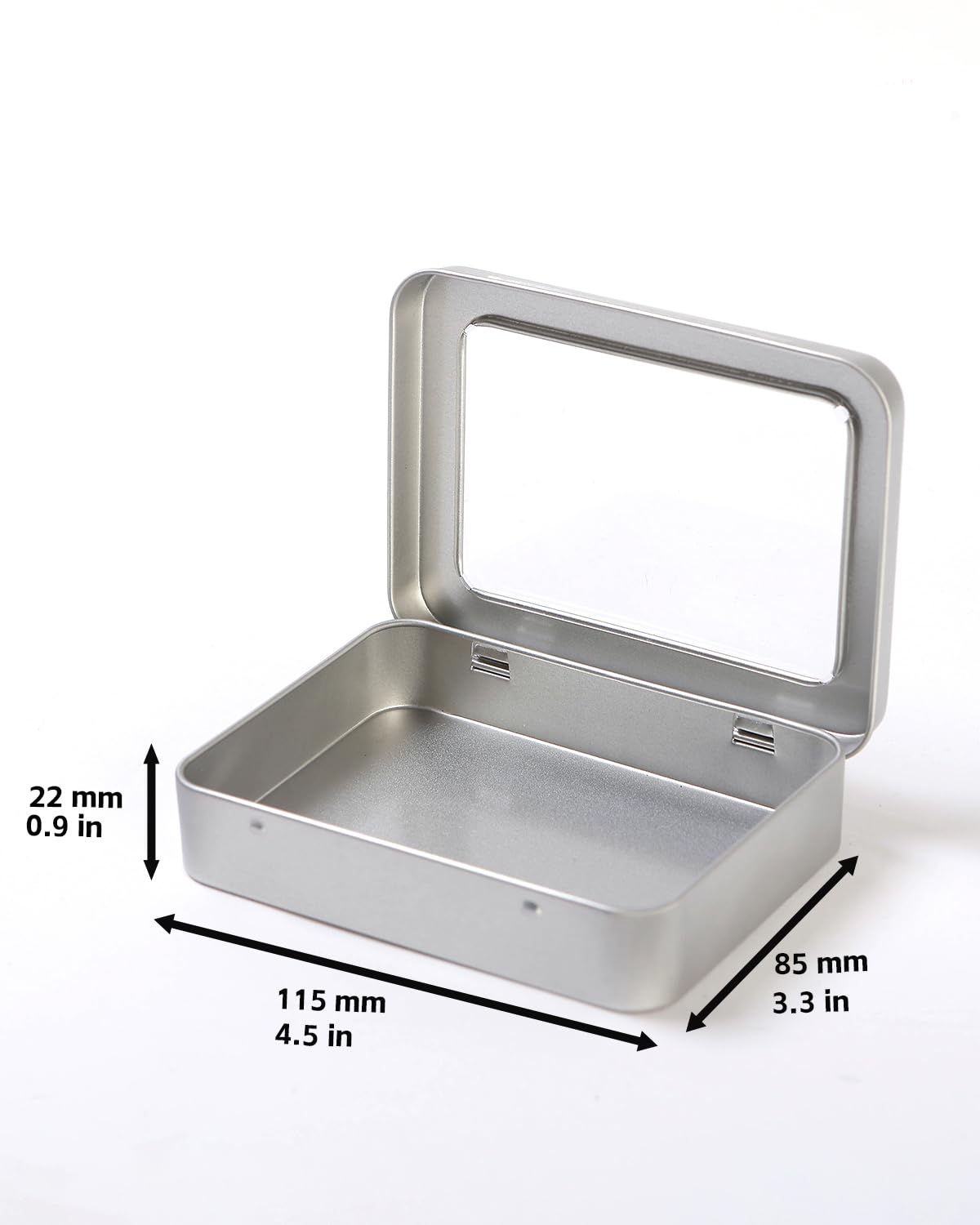 LJY Silver Window Hinged Metal Tins, 12 Pack, 4.5 x 3.3 x 0.9 in