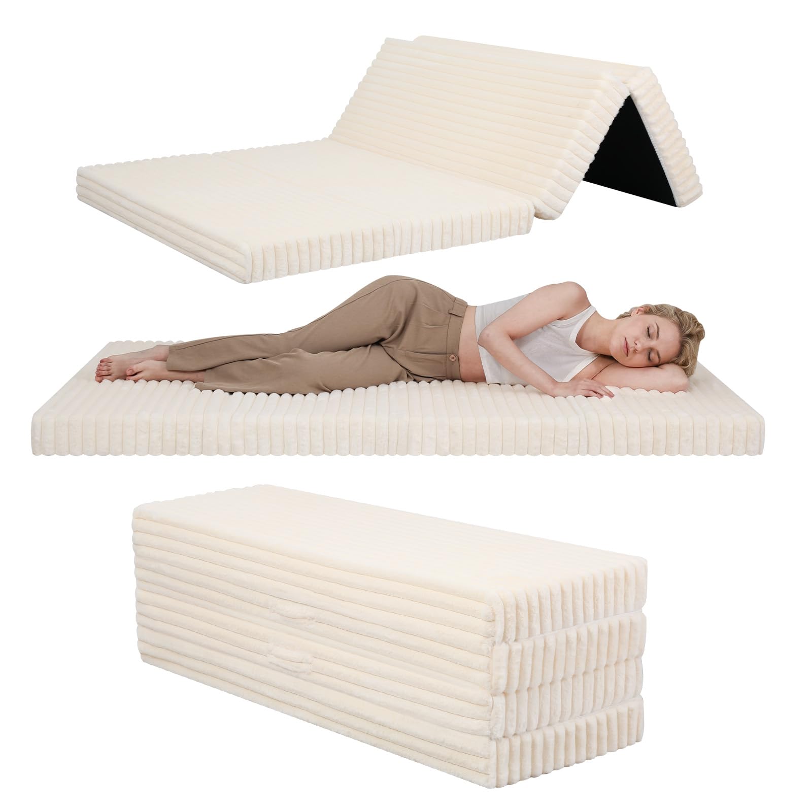 MeMoreCool Folding Floor Mattress 190x135cm, 4-Fold Foam Guest Bed, Beige