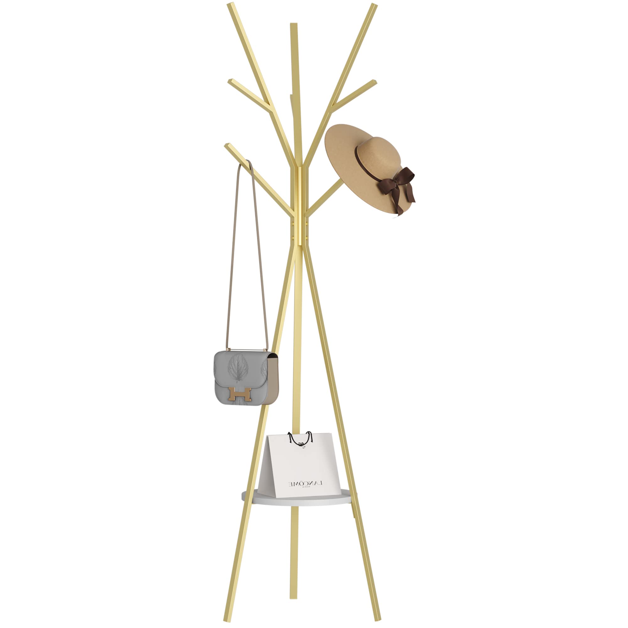 HOME BI Coat Rack Stand, Entryway Standing Coat Tree,Hat Stand Coat Hanger with 9 Hooks for Holding Jacket, Handbag, Clothes, Hats, and Scarves, Gold