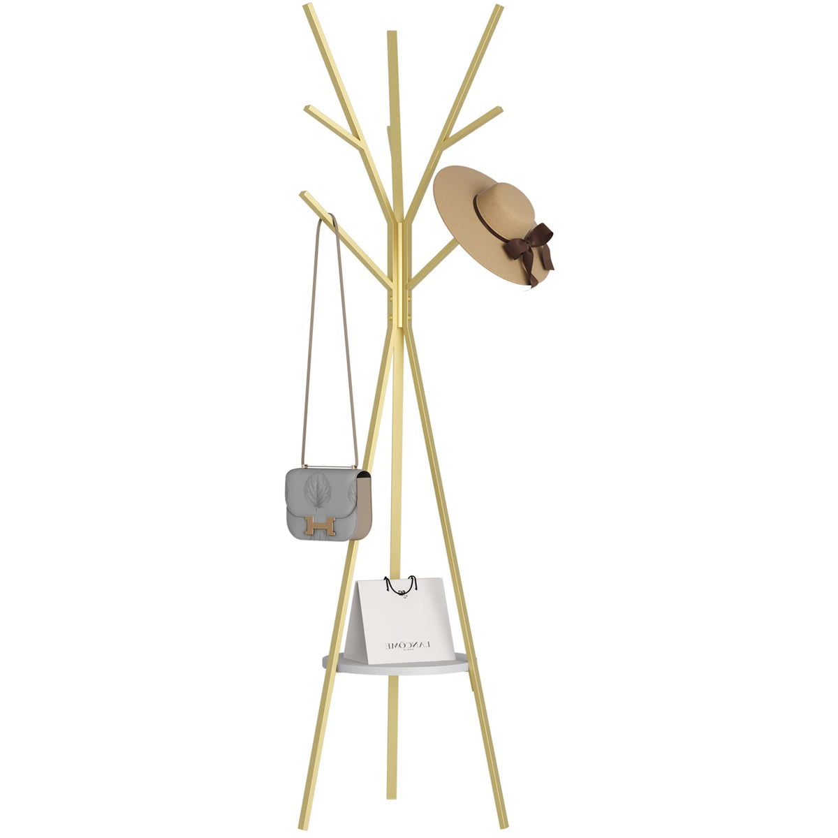 HOME BI Coat Rack Stand, Entryway Standing Coat Tree,Hat Stand Coat Hanger with 9 Hooks for Holding Jacket, Handbag, Clothes, Hats, and Scarves, Gold