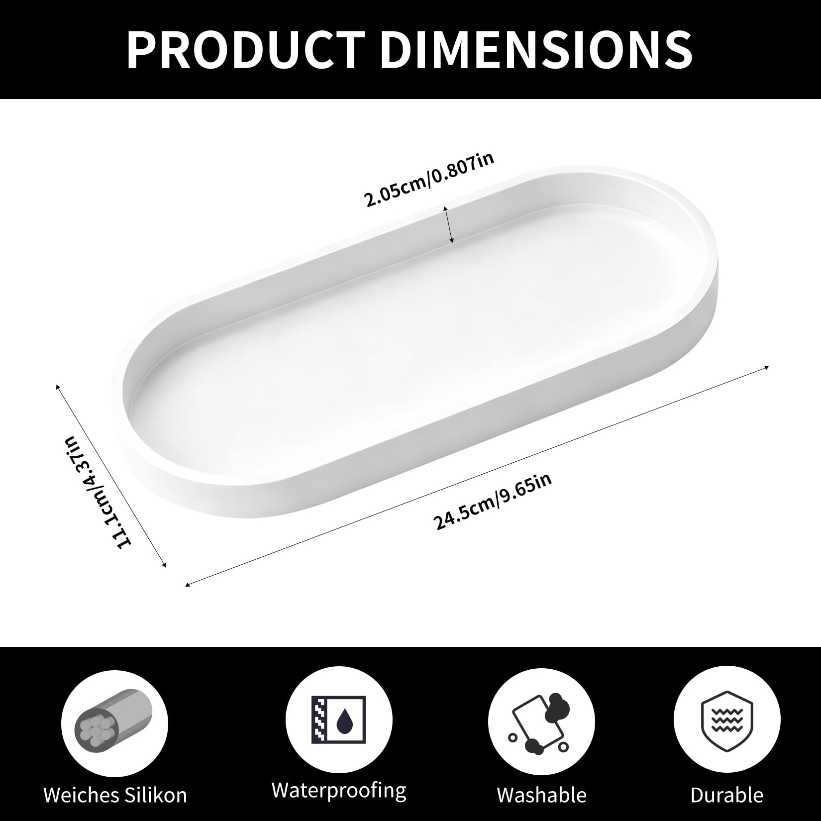 2 Pcs Bathroom Trays, White Bathroom Vanity Tray, Oval Silicone Organizer Trays, Toilet Tank Storage Tray for Jewelry Rings Dresser Kitchen Sink