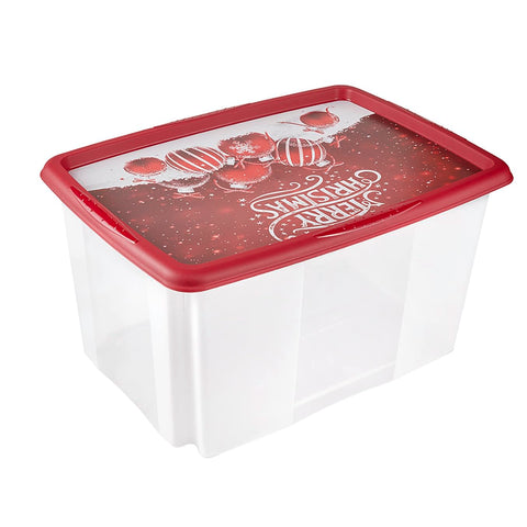 keeeper Storage Box with Christmas Motif and Lid, Stackable, 55x39.5x29.5 cm, 45 L, Wika, Red / Transparent