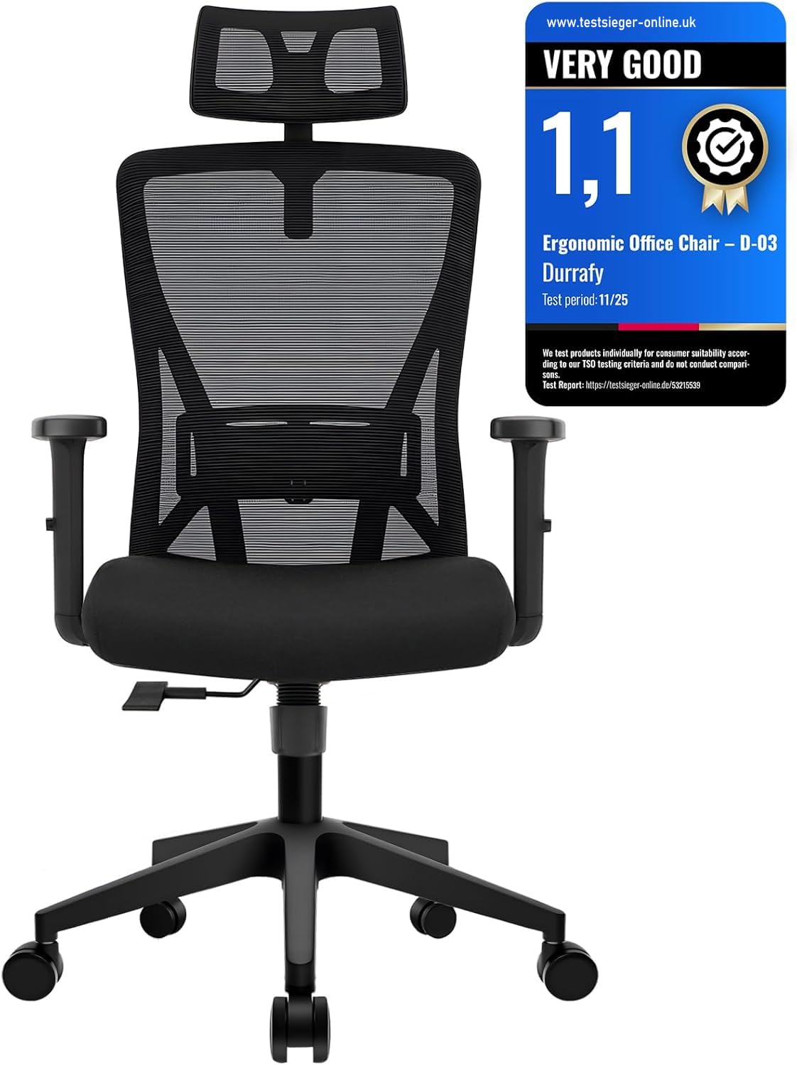 Durrafy Ergonomic Office Chair, Desk Chair with Adjustable Lumbar Headrest and Armrest, Office Chairs Support up to 150 kg