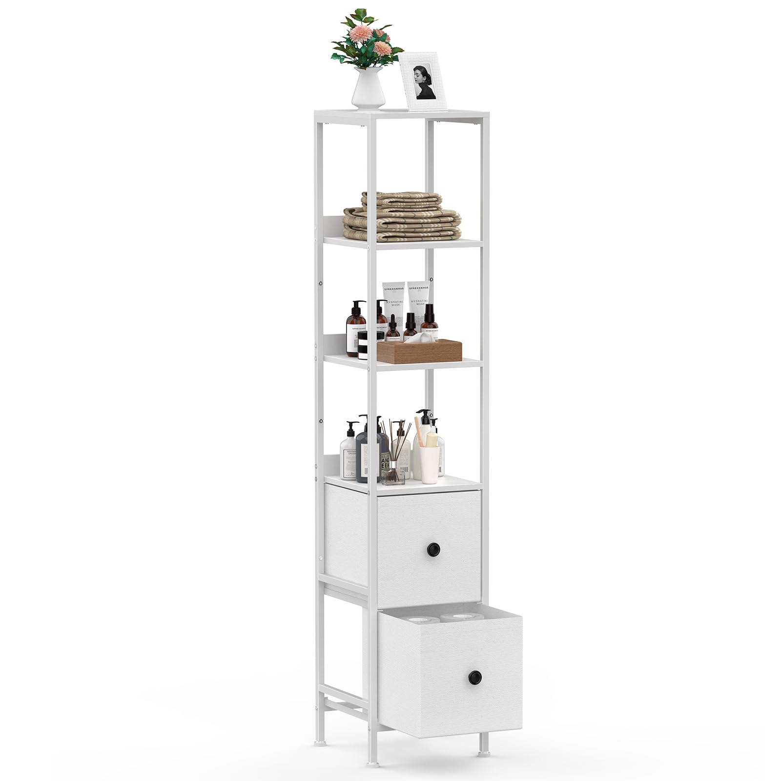 CADUKE Tall Bathroom Cabinet, Slim Storage Unit with 3 Open Wooden Shelves and 2 Fabric Drawers