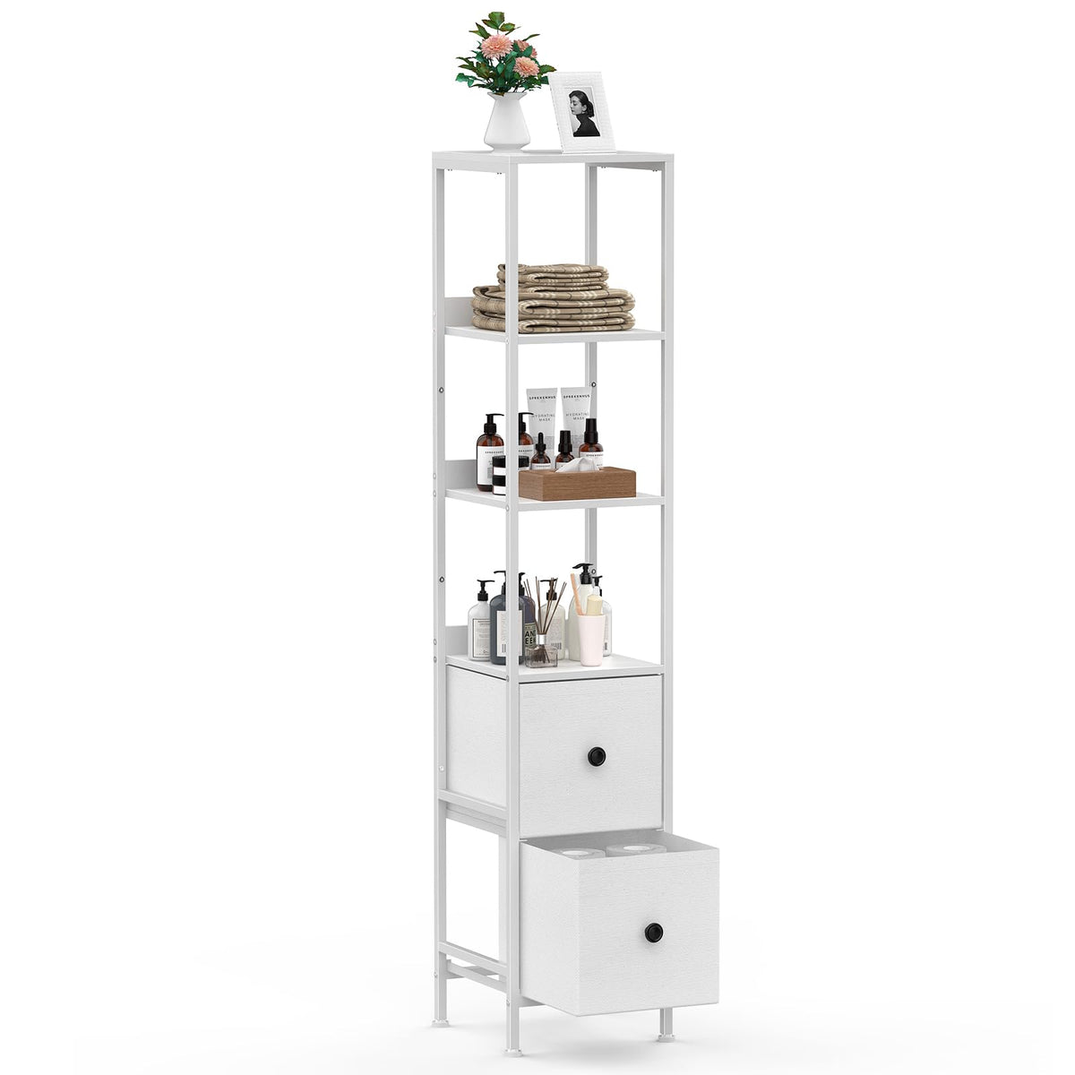 CADUKE Tall Bathroom Cabinet, Slim Storage Unit with 3 Open Wooden Shelves and 2 Fabric Drawers