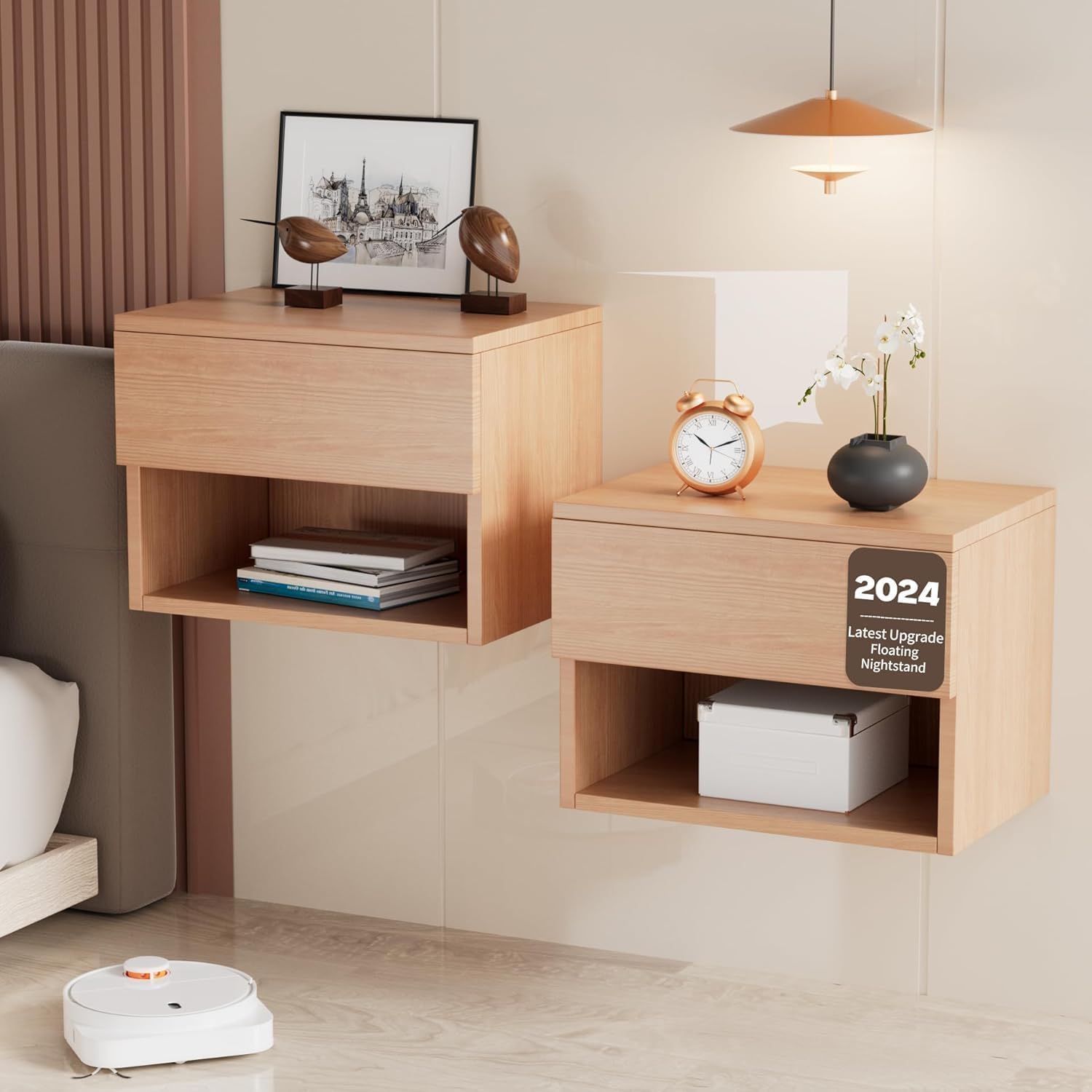 Kiseely Floating Nightstand, Modern Wall Mounted Bedside Table with Drawer, Wood Bedside Shelf & Desk, End Table Wood Modern Night Stand for Bedroom