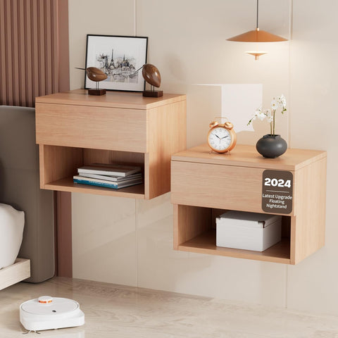 Kiseely Floating Nightstand, Modern Wall Mounted Bedside Table with Drawer, Wood Bedside Shelf & Desk, End Table Wood Modern Night Stand for Bedroom