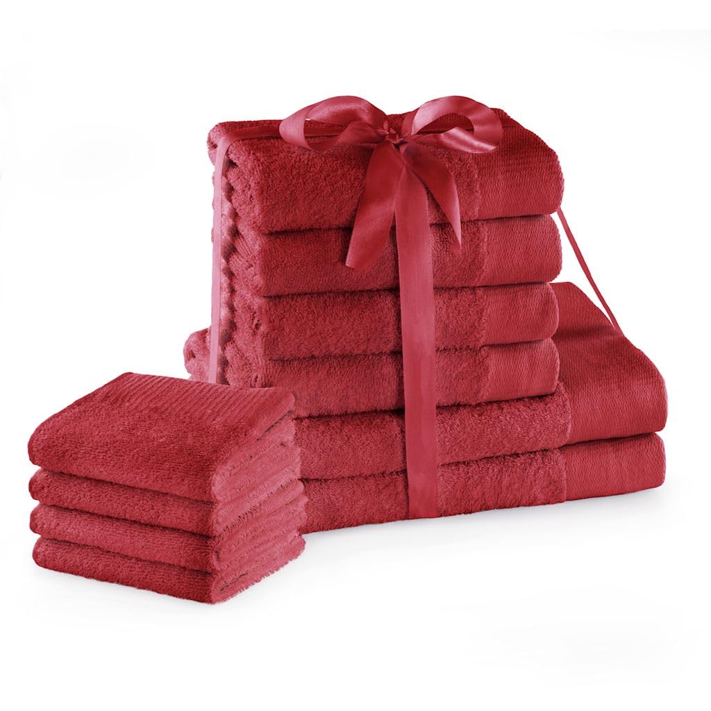 AmeliaHome Set 10pcs 4 Guest Towels 30x50 cm, 4 Towels 50x100 cm and 2 Bath Towels 70x140 cm 100% Cotton Absorbent Dark Red Amari
