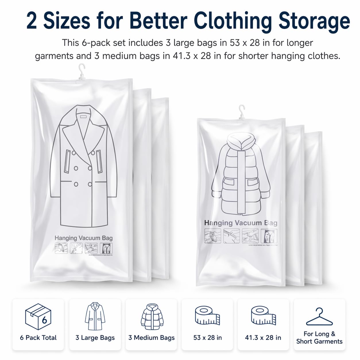 Hanging Vacuum Storage Bags for Clothes, Coats and Jackets, Large Size, Set