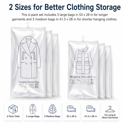 Hanging Vacuum Storage Bags for Clothes, Coats and Jackets, Large Size, Set