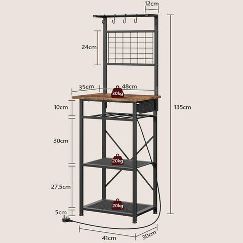 MAHANCRIS Bakers Rack, Microwave Stand with Power Outlet, Coffee Bar Station with Wine Rack and Hooks, Kitchen Storage Shelf