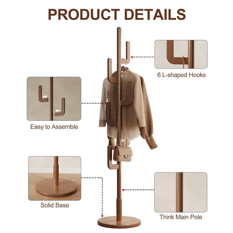 AQIMUELE Coat Stand, Woodem Coat Rack Stand - Cactus Design with 6 Hooks, Sturdy and Easy Assembly for Hallway Entryway, Hat Stand for Clothes