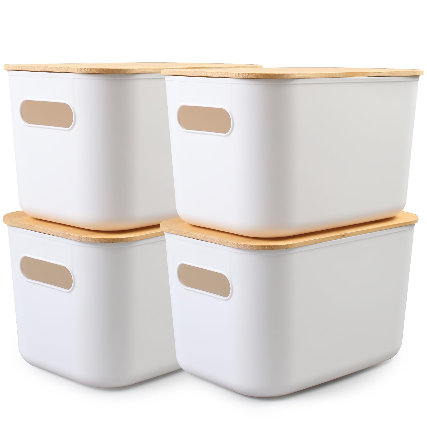 MaxEarn 4Pcs 7L Plastic Storage Boxes with Wood Lids & Handle, 26x18x15cm