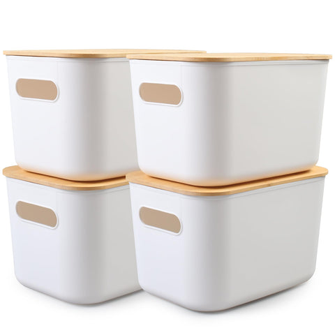 MaxEarn 4Pcs 7L Plastic Storage Boxes with Wood Lids & Handle, 26x18x15cm