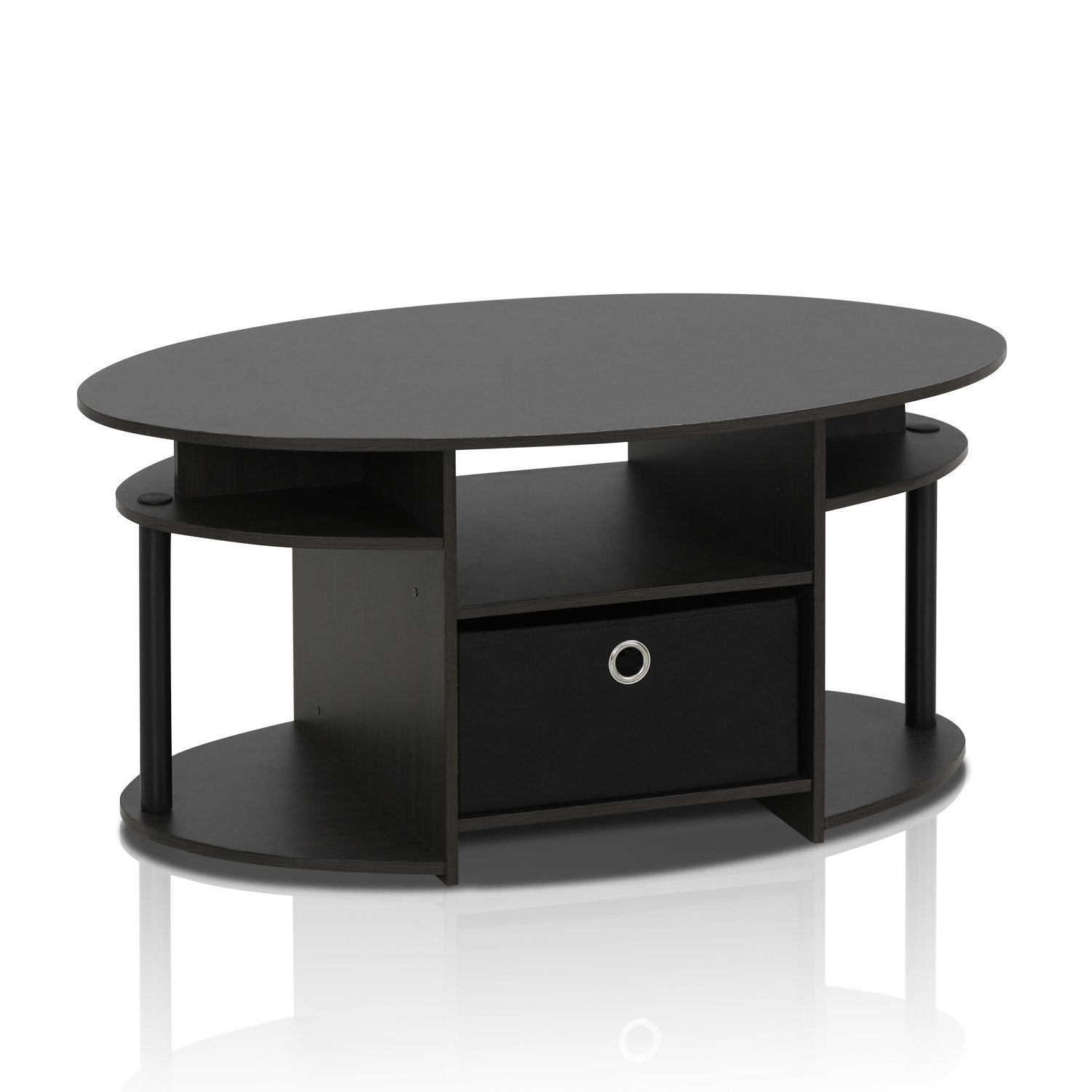 Furinno JAYA Coffee Table, Oval Modern Coffee Table with Shelves and Storage Bin, Side Table, for Living Room, Bedroom, Home Office, Walnut