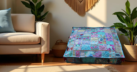 CRAFT KALA Indian Square Patchwork Traditional Pouf Cover Indian Living Room Poufs Decorative Embroidered Designer Ottoman Home Living Footstool
