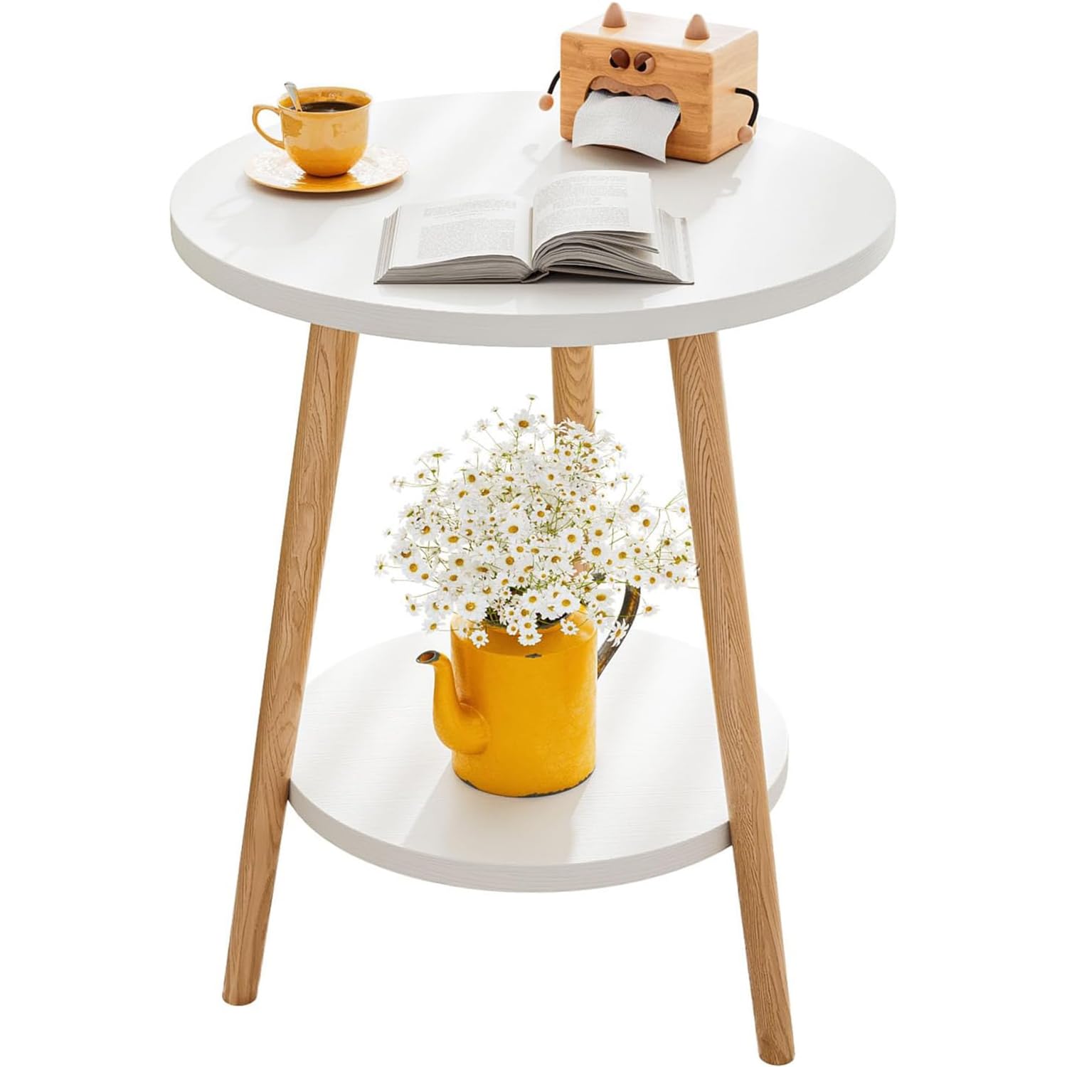 KZOBYD Round Side Table, 2 Tier End Tables With Round Wooden Top, 38 x 55cm