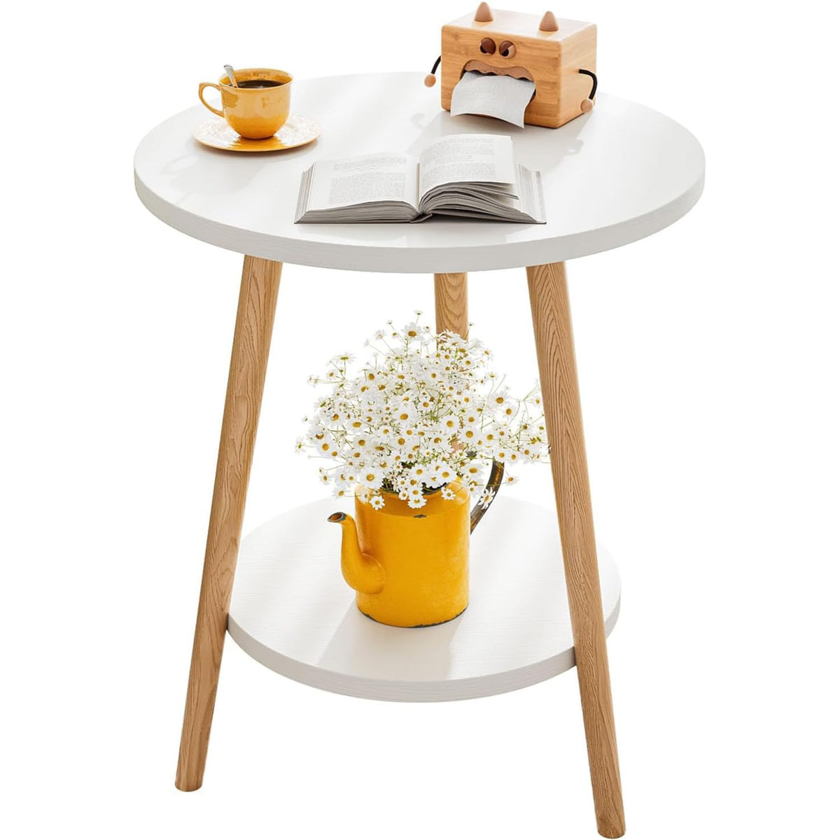KZOBYD Round Side Table, 2 Tier End Tables With Round Wooden Top, 38 x 55cm