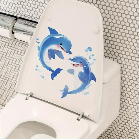 Sky Blue Dolphin Toilet Cover Sticker Decals,Spring Flower Leaf Butterfly Waterproof Toilet Lid Tank Seat Decals Cistern Self-Adhesive Bathroom Wall