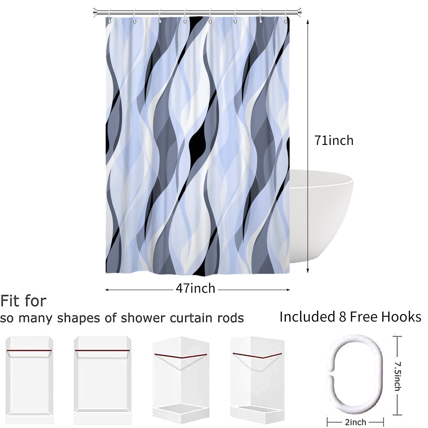 Hnmdmyi Light Blue Shower Curtain 120x180, Modern Abstract Blue and Grey Striped Bathroom Curtains with Hooks Waterproof Polyester Fabric Washable
