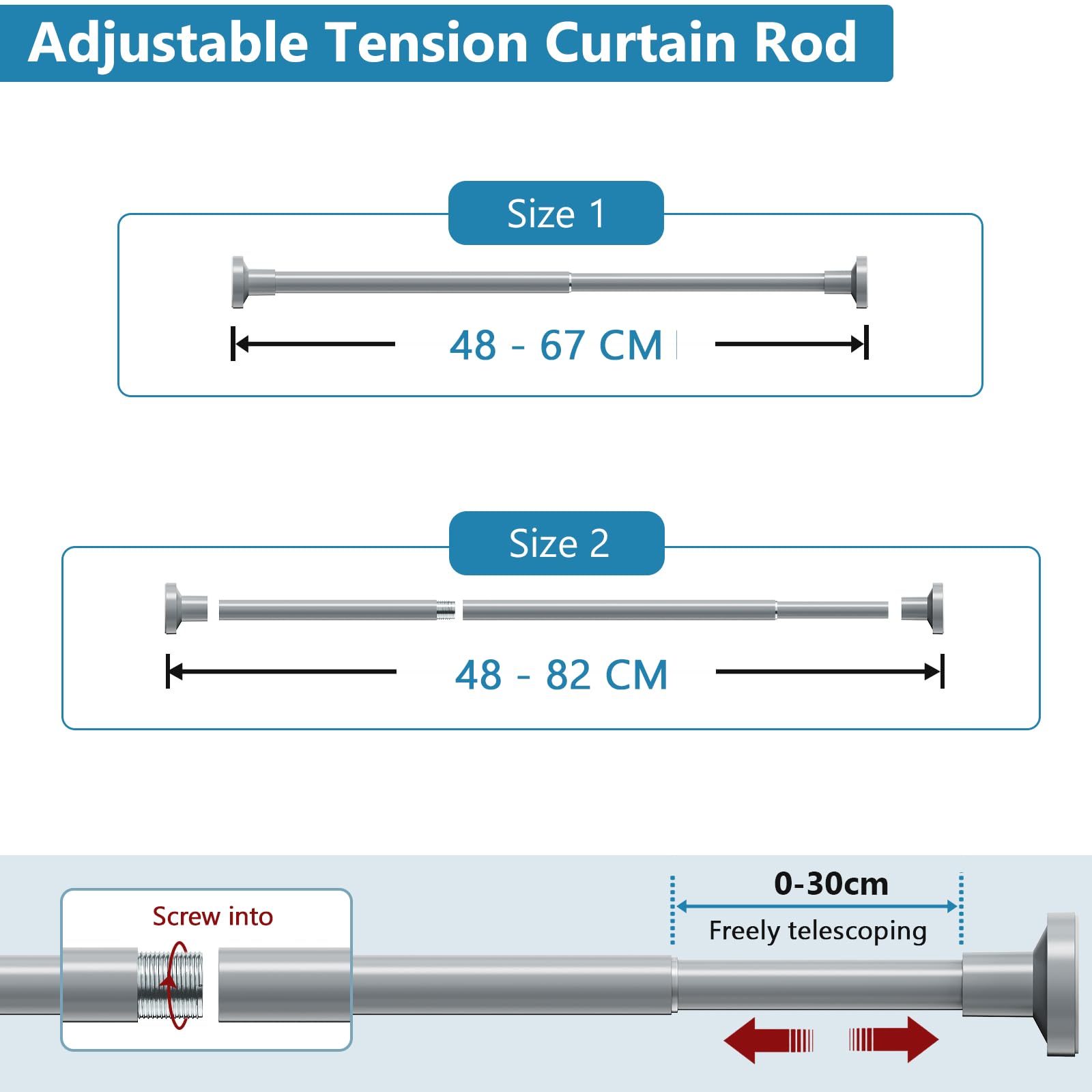 WELDUN Extendable Shower Curtain Tension Rod, 48-82CM No Drill Telescopic Shower Curtain Rod, Adjustable Spring Rod for Window Bathroom, Bedroom, Gray