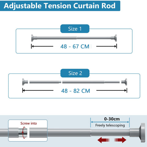 WELDUN Extendable Shower Curtain Tension Rod, 48-82CM No Drill Telescopic Shower Curtain Rod, Adjustable Spring Rod for Window Bathroom, Bedroom, Gray
