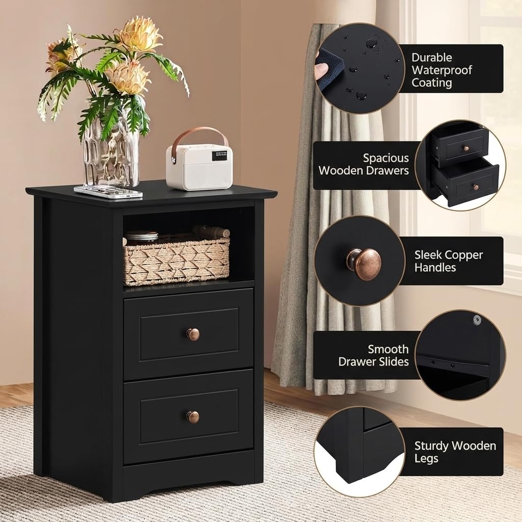 Yaheetech Bedside Table with 2 Drawers and Open Shelf, Black