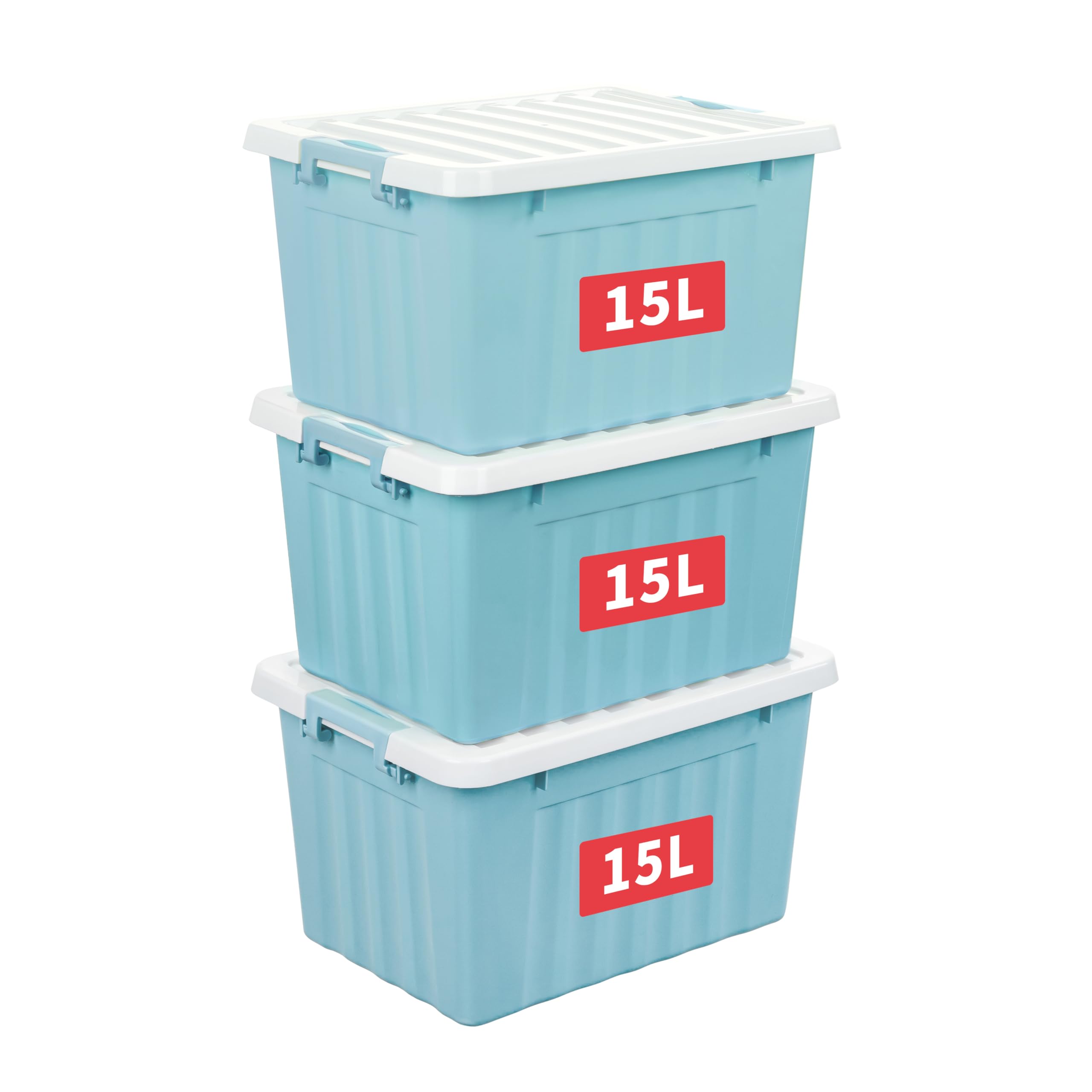 Cetomo 15L*3 Storage Boxes with Lids, Plastic Storage Box with Secure Side Latches, Stackable & Nestable Organizer for Home, Office, Moving, PP, Blue
