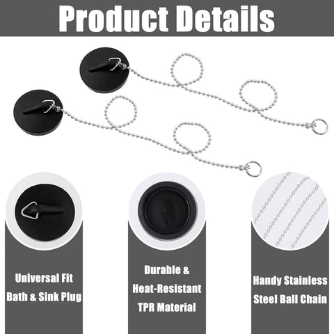 Funngy Drain Stopper Sink Plug,2 PCS Universal Sink Plug with Stainless Steel Chain and Hook Rubber Drain Stopper for Kitchen Sink Bathroom Sink Plug