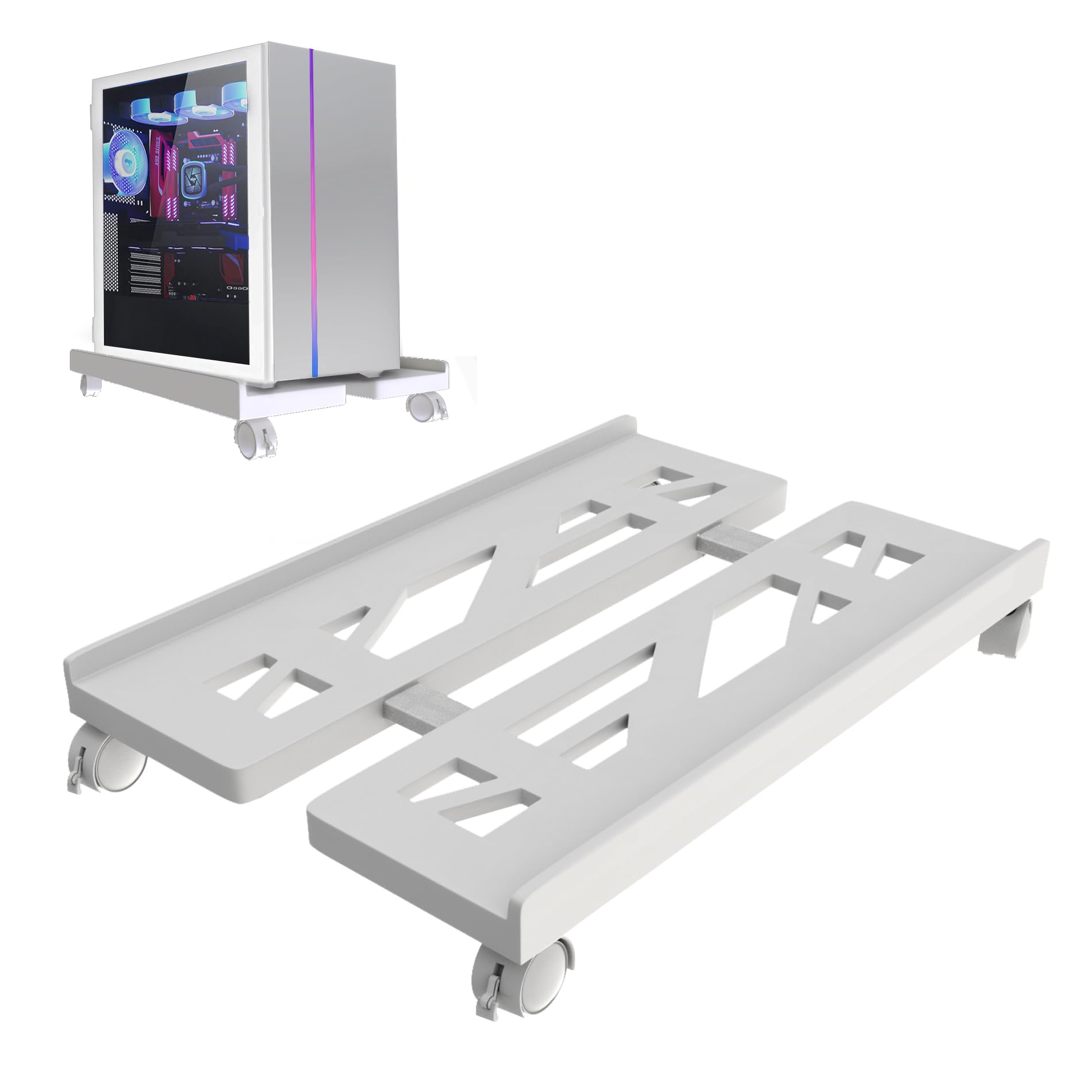 Qcdou Adjustable Mobile CPU Stand - Ventilated Tower Stand with 4 Caster Wheels, Fits Most PC, for Floor Carpet Gaming Case (White)