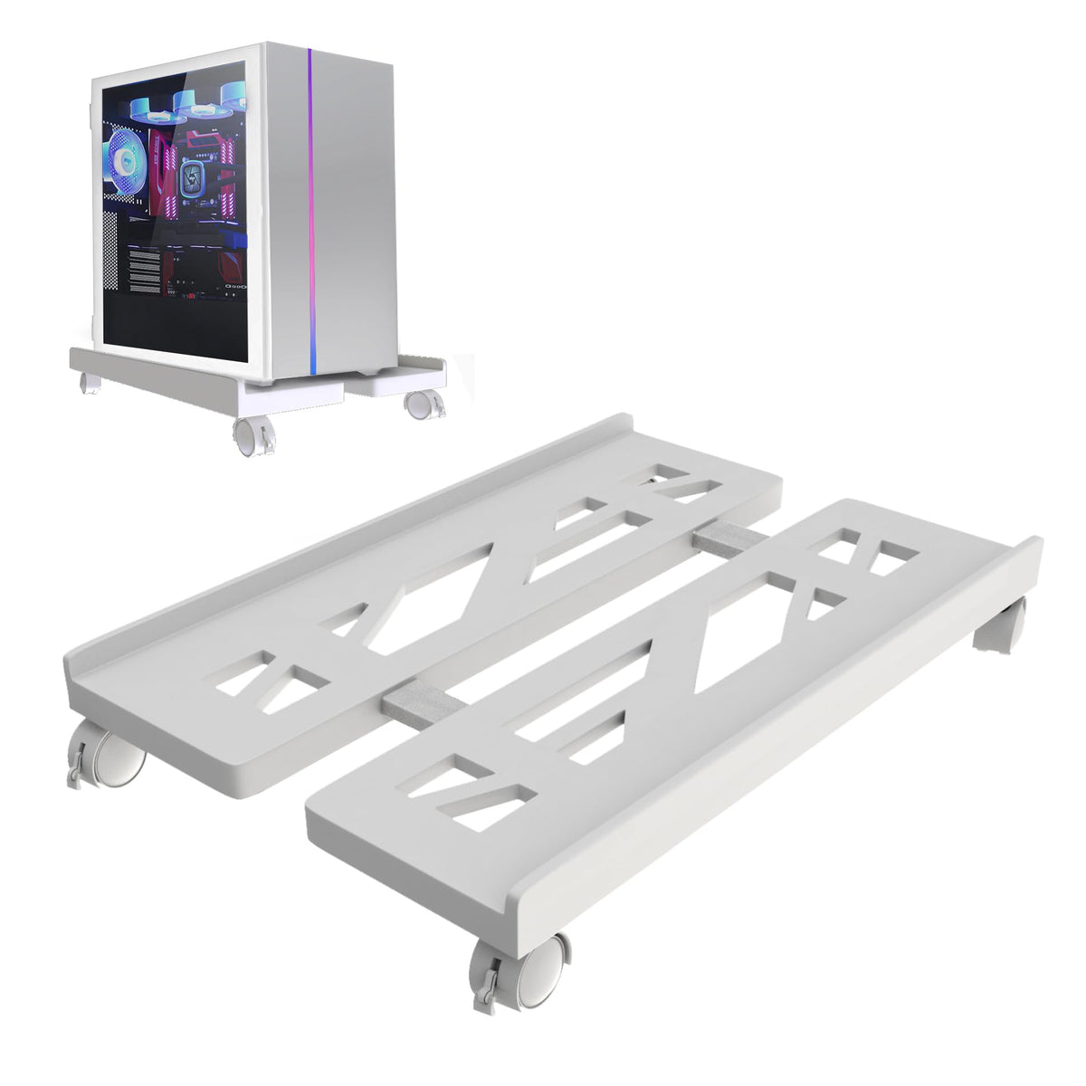 Qcdou Adjustable Mobile CPU Stand - Ventilated Tower Stand with 4 Caster Wheels, Fits Most PC, for Floor Carpet Gaming Case (White)