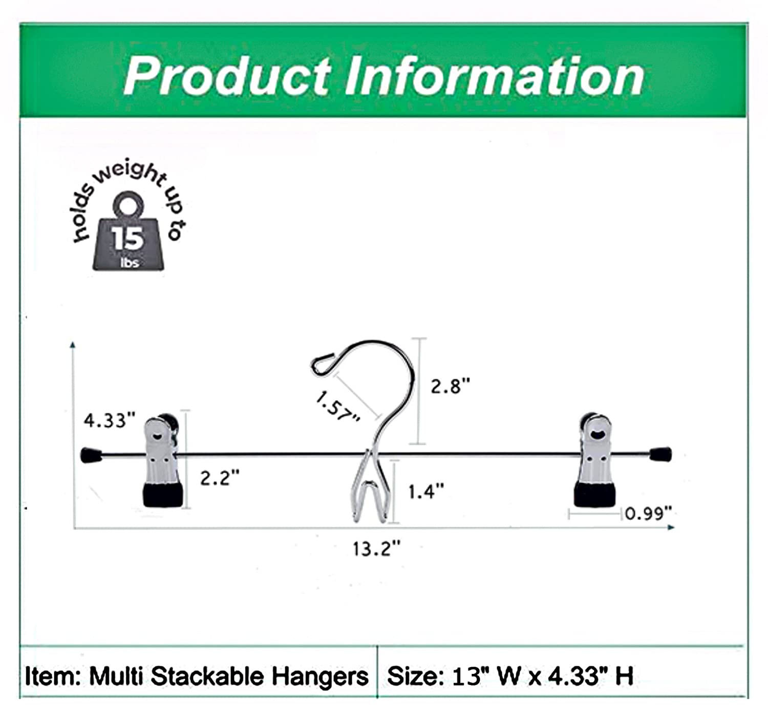 Amber Home 12 Pack Heavy Duty Add on Metal Pants Skirt Hangers, Stackable Add-on Metal Clothes Hangers with 2-Adjustable Clips