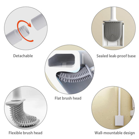 Silicone Toilet Brush with Quick Drying Holder - Flat Silicone Toilet Brush, Flexible Deep Clean Head
