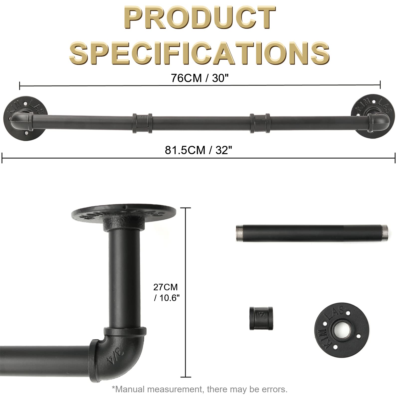 Industrial Pipe Clothing Rack, Wall Ceiling Mounted Clothes Garment Rack 29.1'', Black Iron Pipe Clothes Hanging Bar