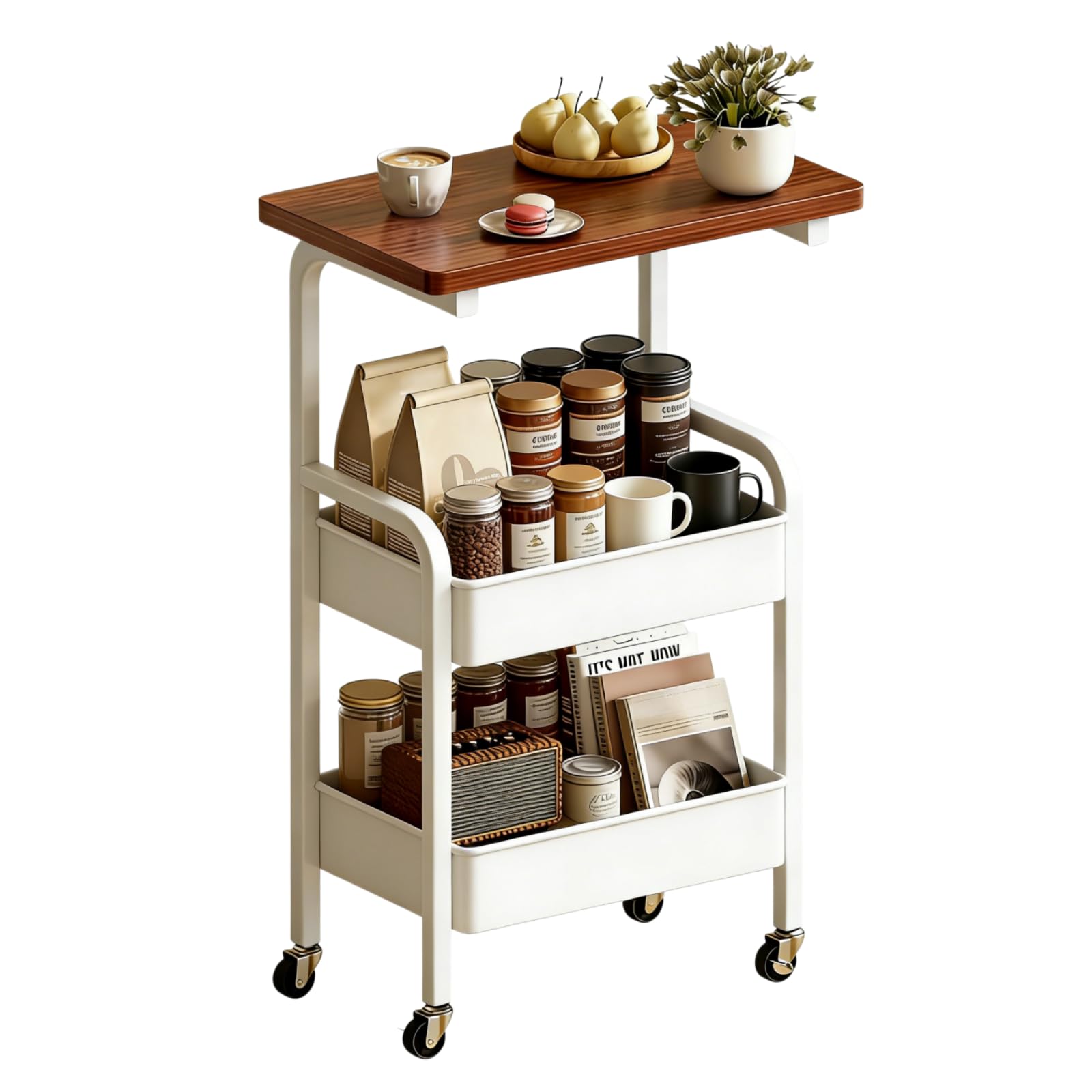 3 Tier Metal Rolling Utility Cart Organizer with Walnut Table Top, Stable and Sturdy Rolling Storage Carts with 2 Lockable Wheels for
