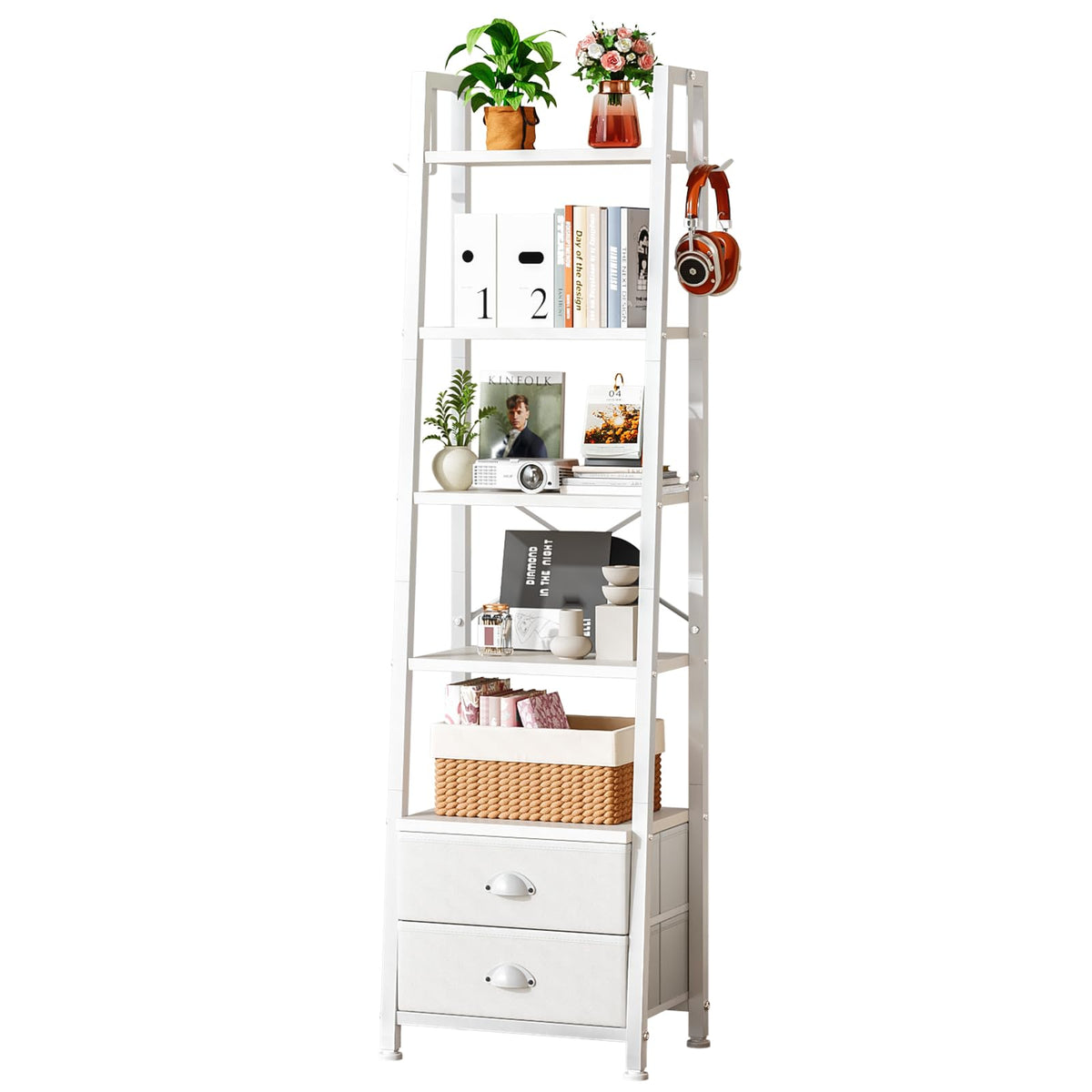Wooruy 5 Tier Narrow Bookshelf with 2 Fabric Drawers Corner Ladder Shelf