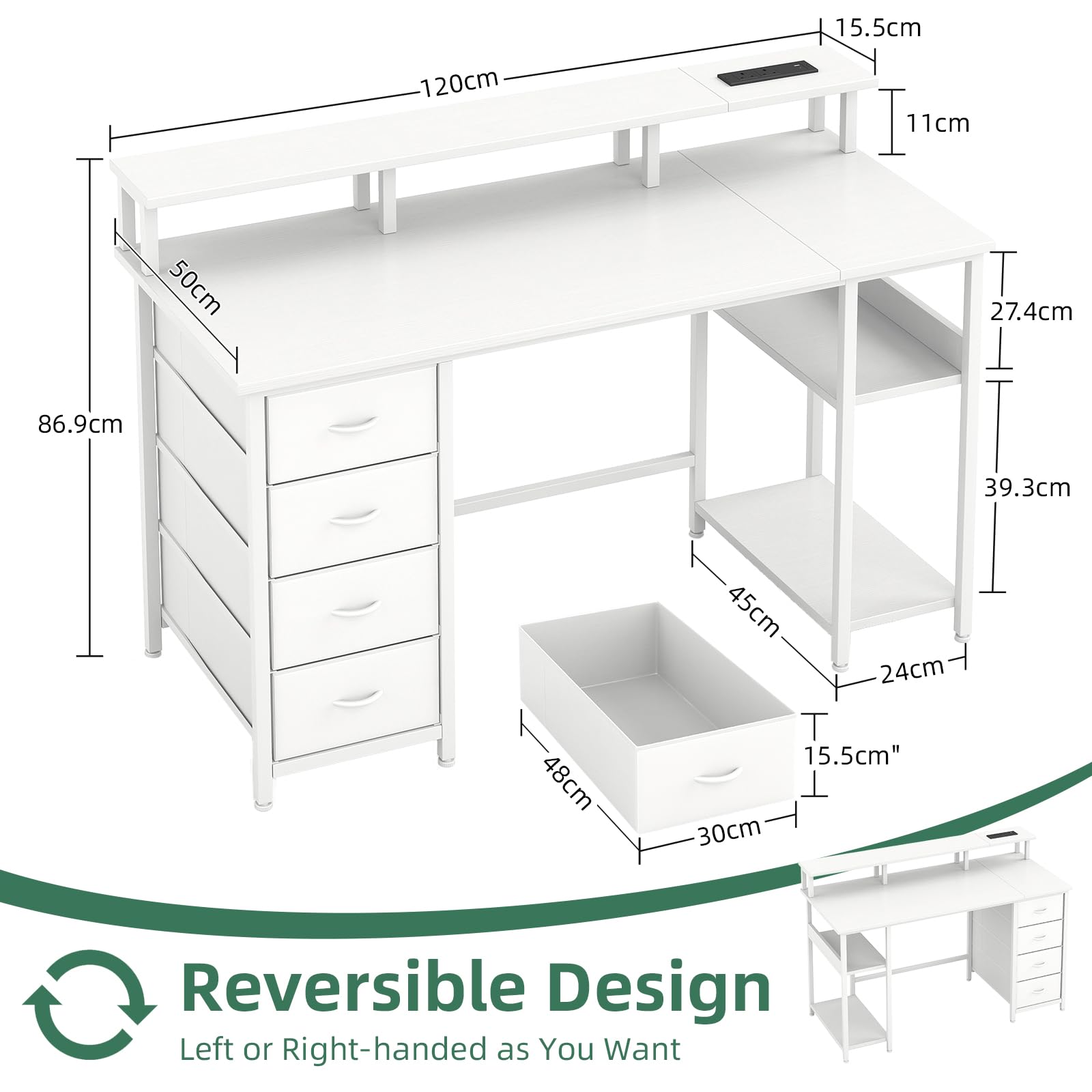 MUTUN 120cm Computer Desk with 4 Fabric Drawers, Home Office Desk with Power Outlets & USB Type-C Port