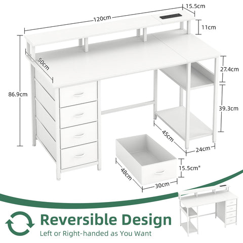 MUTUN 120cm Computer Desk with 4 Fabric Drawers, Home Office Desk with Power Outlets & USB Type-C Port