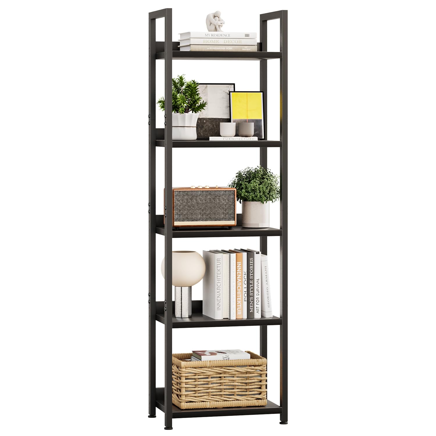 APPOLYN 5 Tier Slim Bookshelf, Bookcase with Backboard, Black