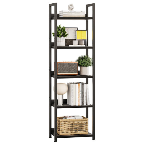 APPOLYN 5 Tier Slim Bookshelf, Bookcase with Backboard, Black
