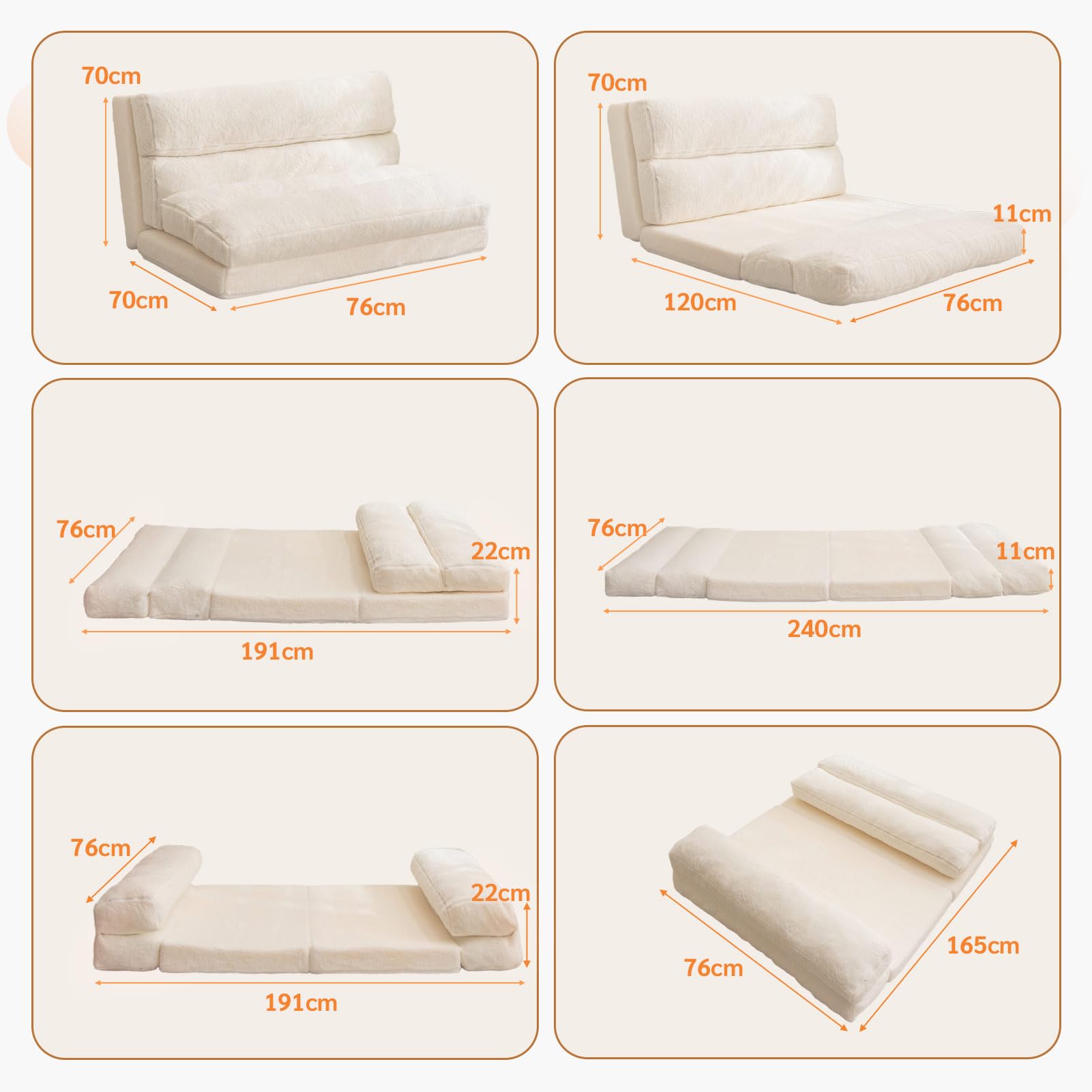 MAXYOYO Bean Bag Bed Folding Sofa Bed Mattress for Adults, Extra Thick 6 Fold Floor Couch for Bedroom Living Room, Beige, 75x240 cm