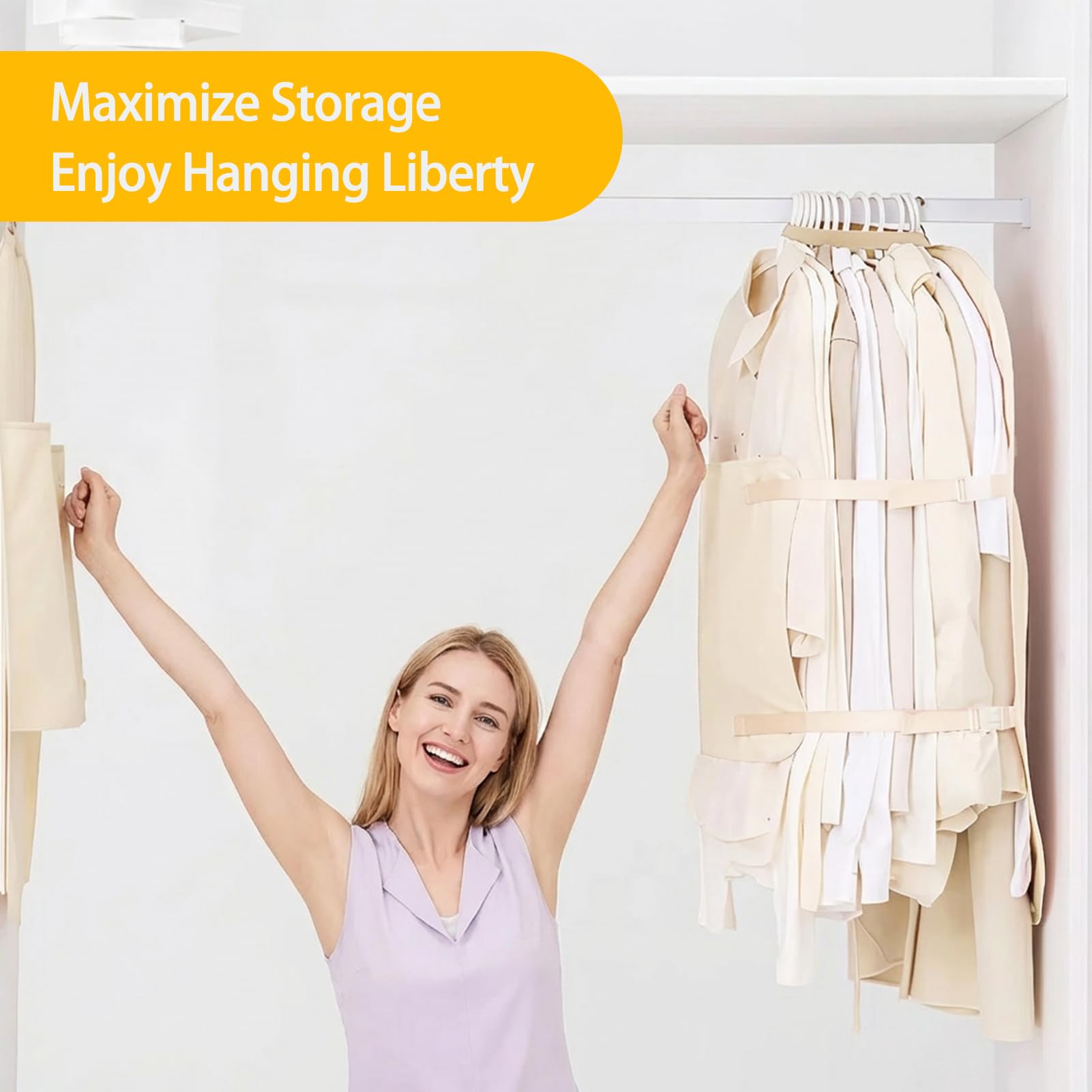 Space Saving Garment Covers with Straps Compression Beige 3 Packs Wardrobe Space Saver