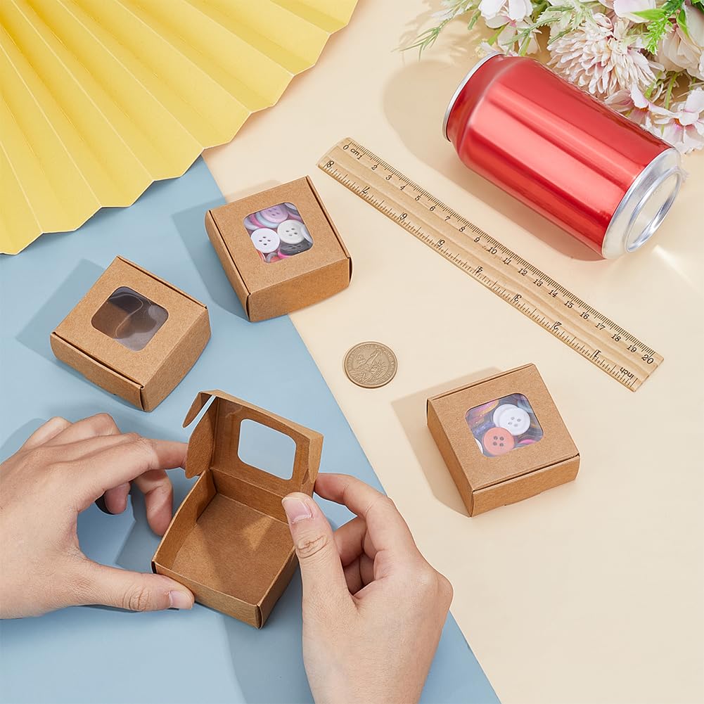 BENECREAT 60 Pack Square Clear Window Box, Brown Kraft Paper Container Party Favor Packaging Boxes