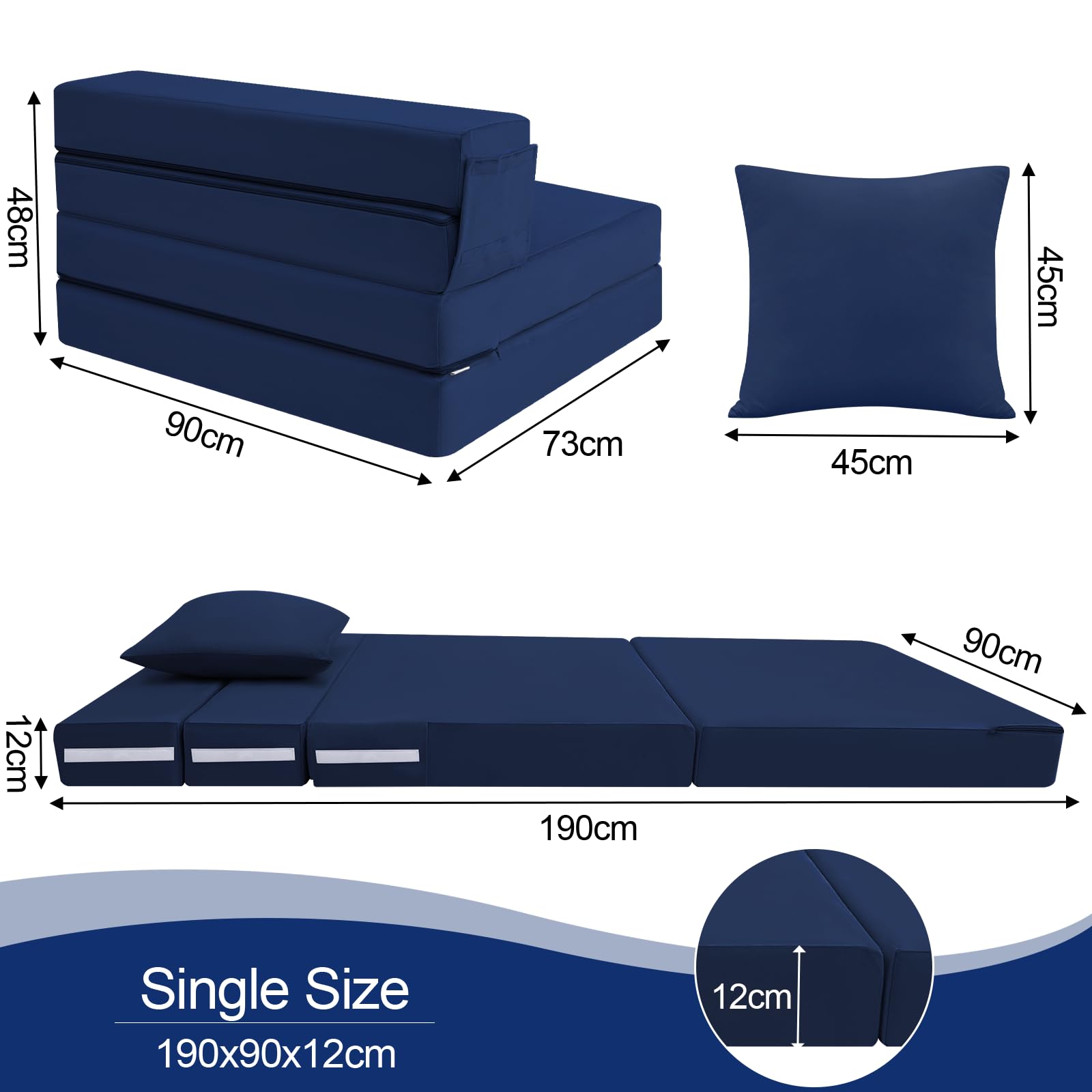 MeMoreCool Folding Floor Mattress Single, Fold Out Sofa Chair, Navy