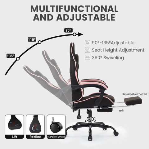 NIONIK Gaming Chair with Footrest and Massage Lumbar Cushion, Ergonomic Computer Chair with 135° Recline, Breathable Fabric, Headrest and 360° Swivel