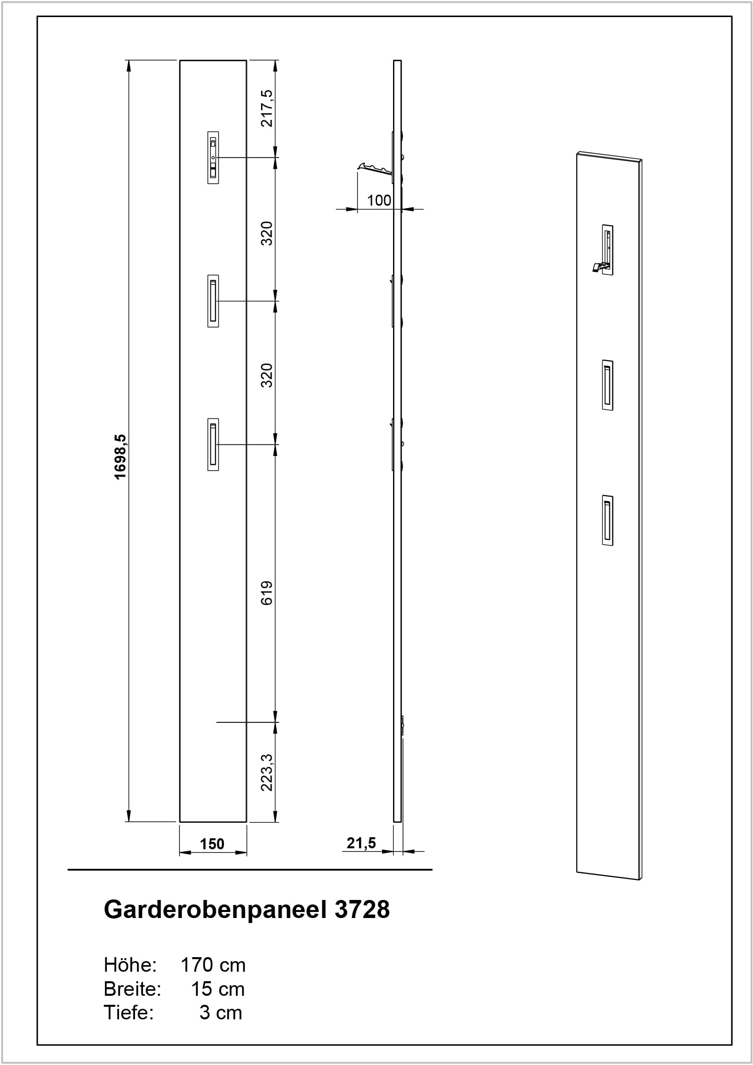 Germania Coat Rack Panel 3728-572, in Cashmere, with Three Fold-Out Metal Coat Hooks, 15 x 170 x 3 cm (W x H x D)