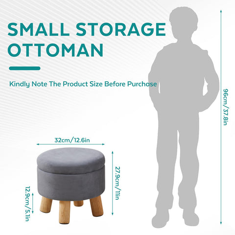 BRIAN & DANY Footstool with Storage, Small Storage Ottoman, Velvet Round Stool with Lid, Foot Stool with Legs for Living Room Entryway, Gray